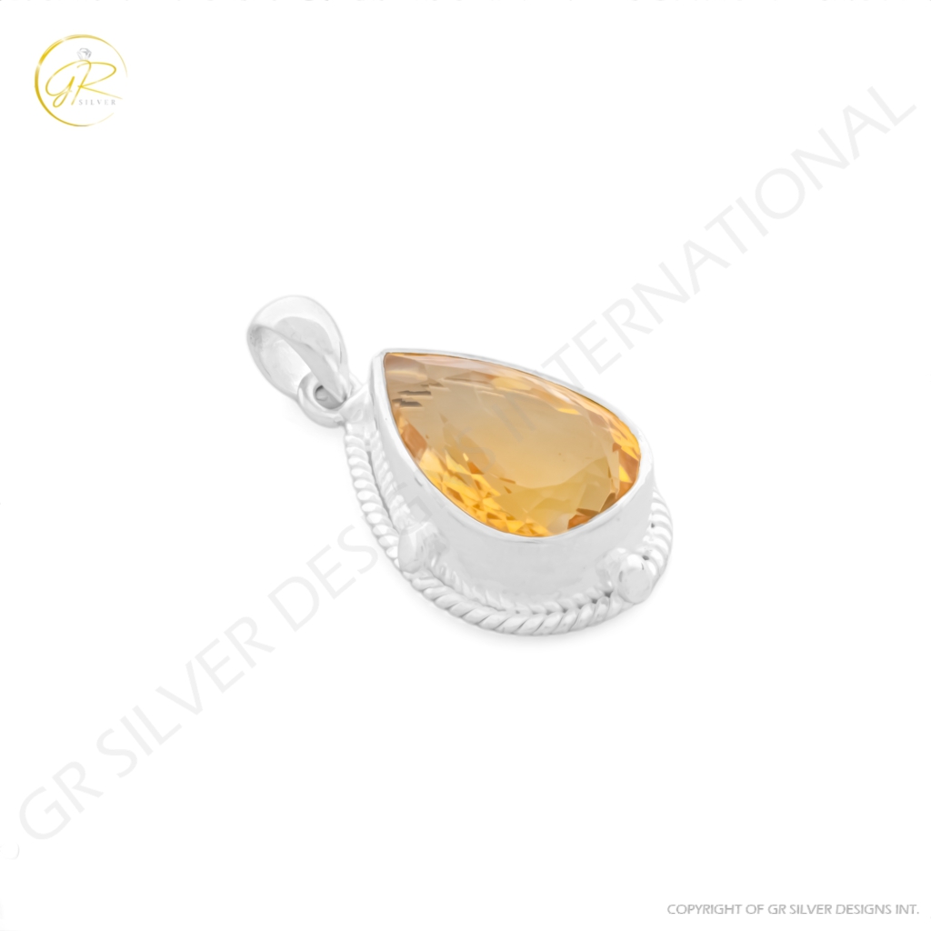 Natural Citrine November Birthstone Teardrop Sterling Silver Pendant