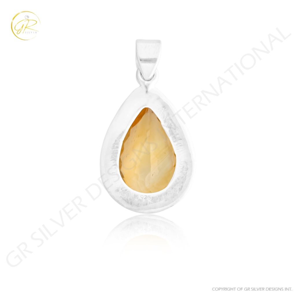 Natural Citrine November Birthstone Teardrop Sterling Silver Pendant