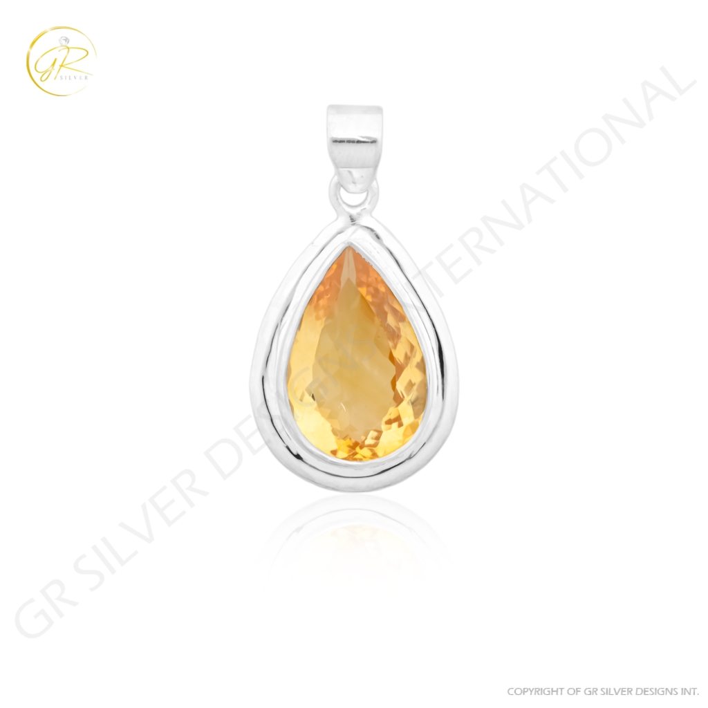 Natural Citrine November Birthstone Teardrop Sterling Silver Pendant