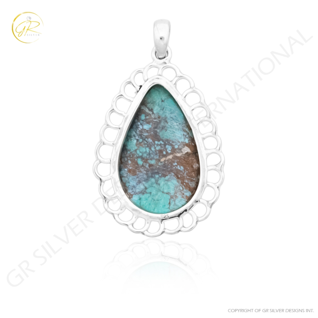 Blue Turquoise Gemstone Sterling Silver Pendant Necklace