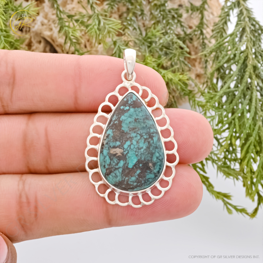 Blue Turquoise Gemstone Sterling Silver Pendant Necklace