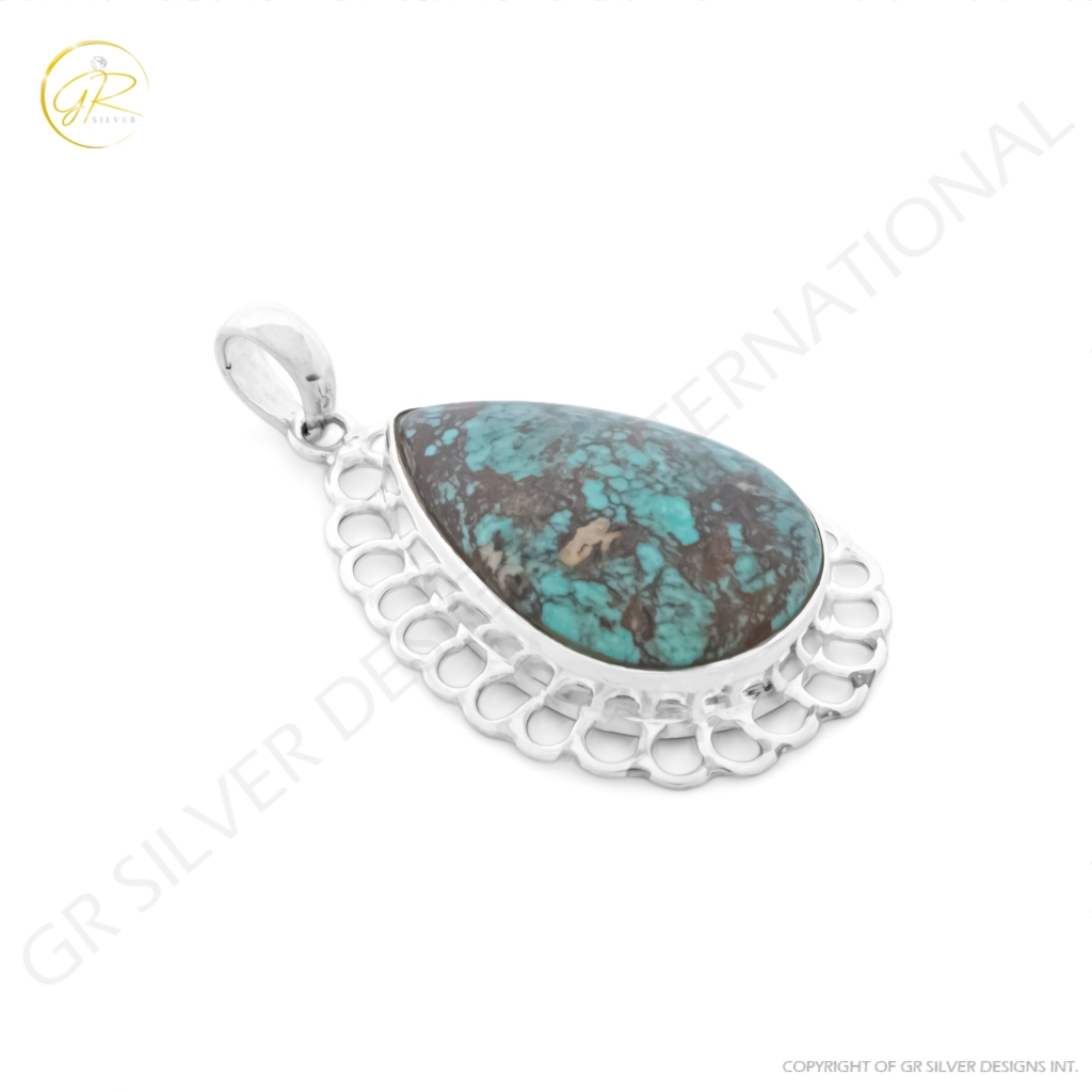 Blue Turquoise Gemstone Sterling Silver Pendant Necklace