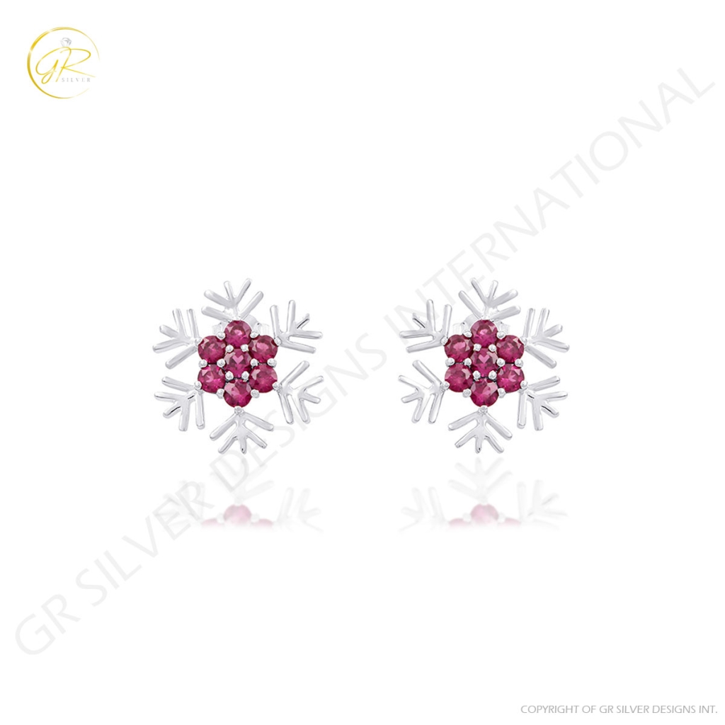 Natural Rhodolite Birthstone Snowflake Design Sterling Silver Studs Earrings