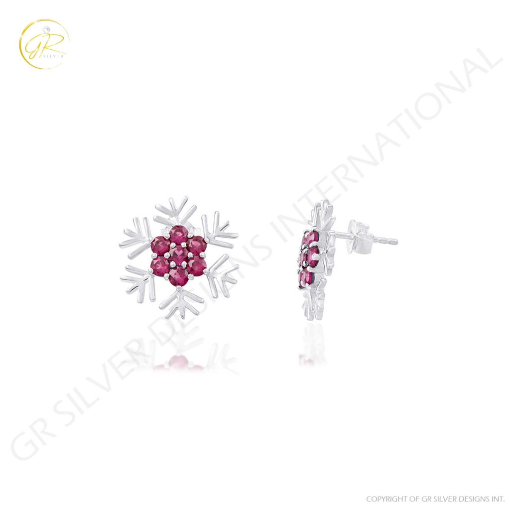 Natural Rhodolite Birthstone Snowflake Design Sterling Silver Studs Earrings