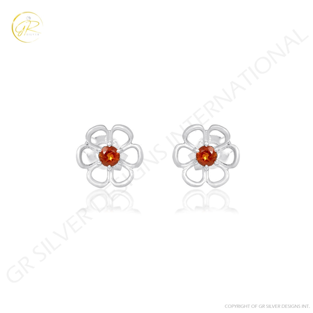 Natural Citrine Birthstone Flower Design Sterling Silver Studs Earrings