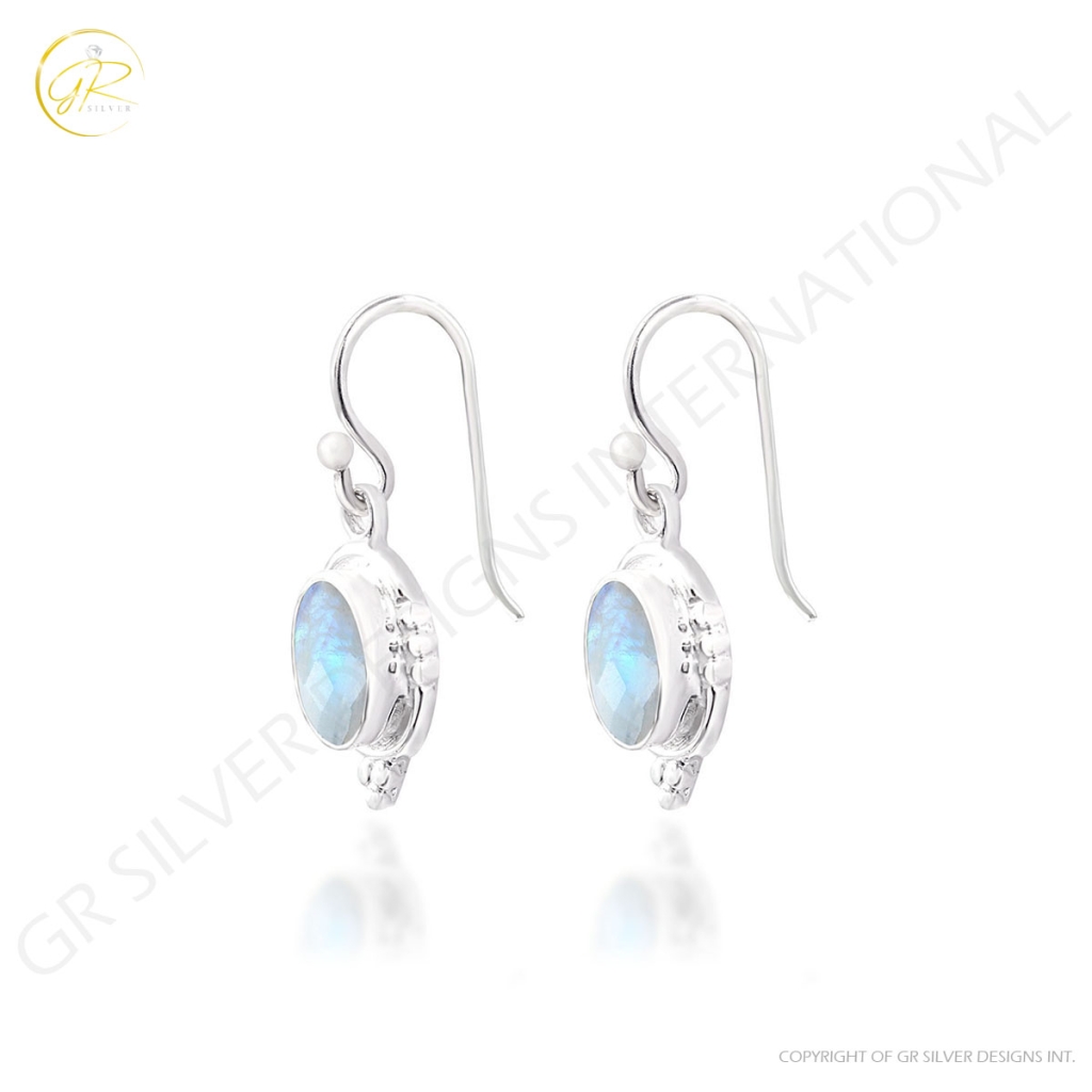 Rainbow Moonstone Dangle Sterling Silver Earrings