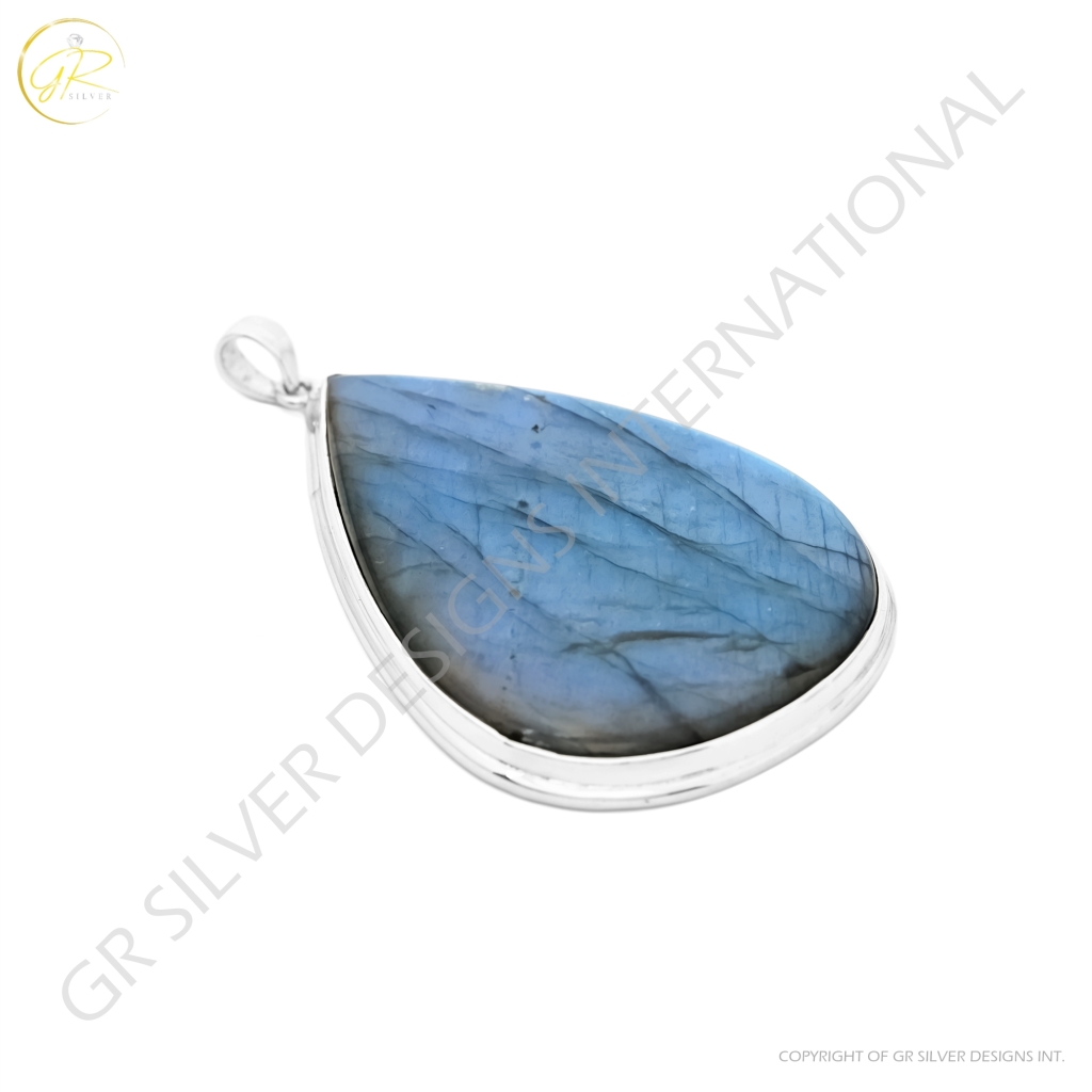 Long Natural Labradorite Pear Sterling Silver Pendant Jewellery