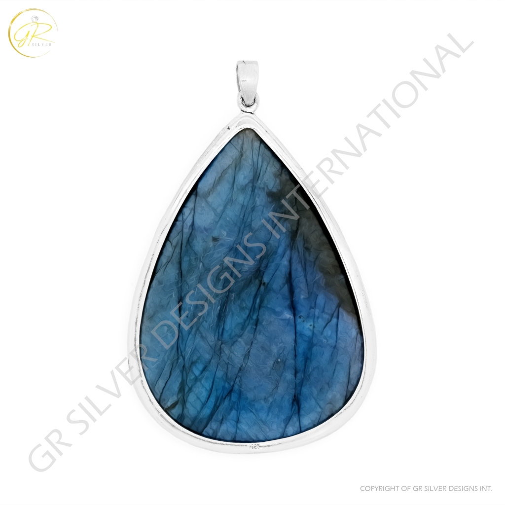 Long Natural Labradorite Pear Sterling Silver Pendant Jewellery