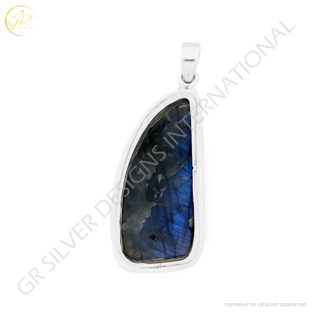 Natural Labradorite Fancy Shape Sterling Silver Pendant Necklace