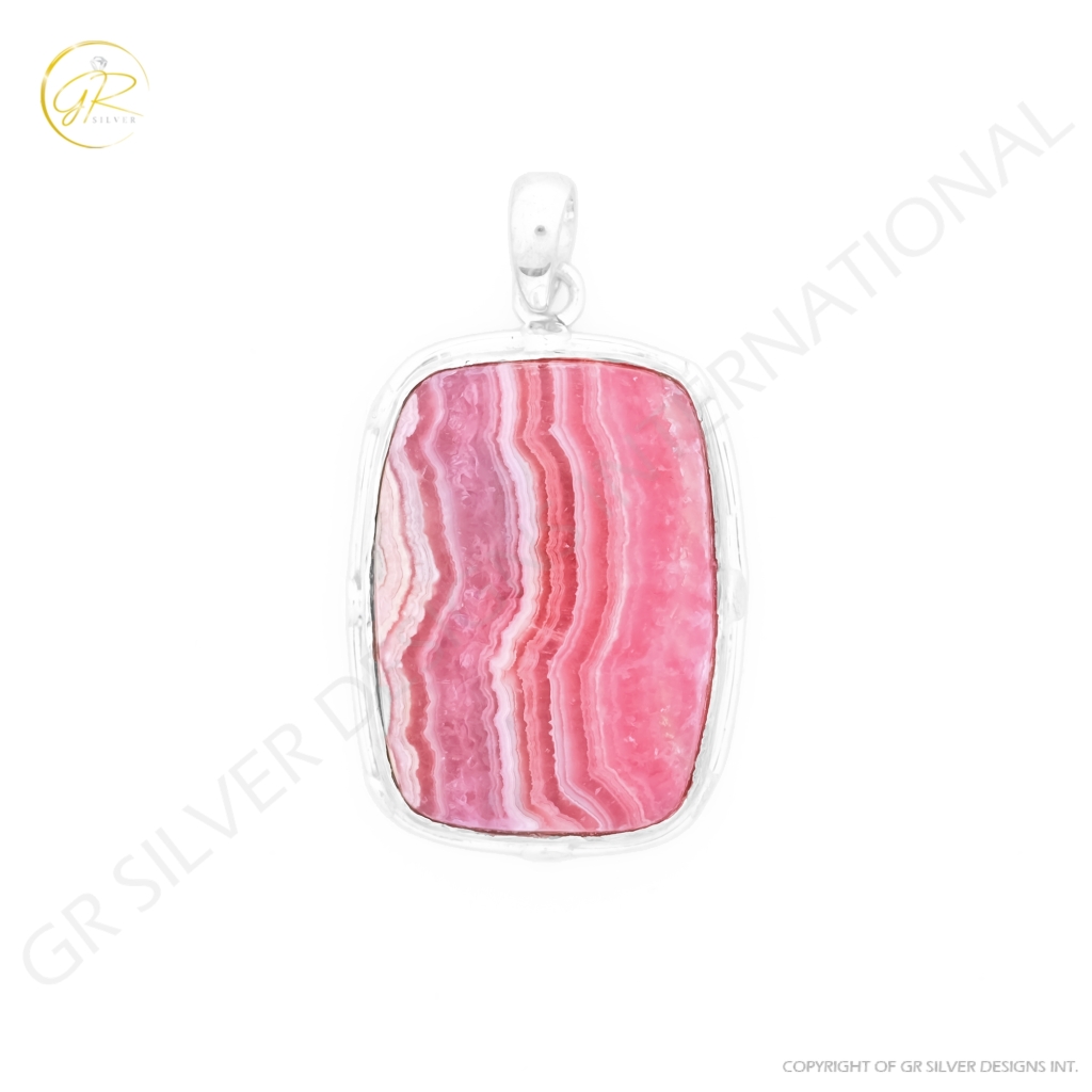 Pink Rhodochrosite Gemstone Sterling Silver Pendant Necklace