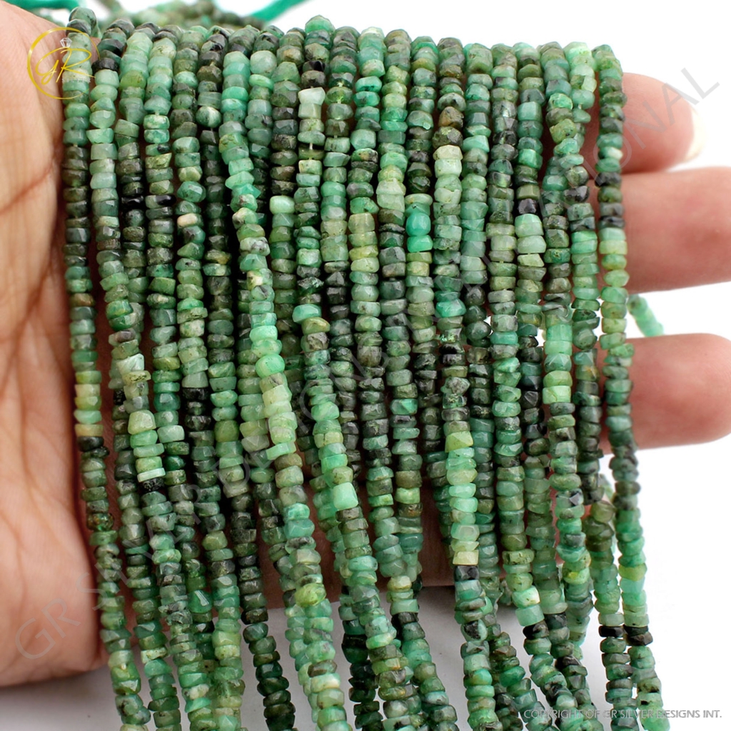 Faceted Emerald 3mm Round Handmade Gemstone Beads 12 Inches