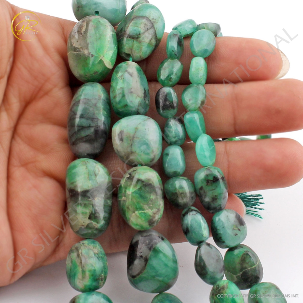 Natural Emerald Smooth Tumble Shape Gemstone 2 Strands Beads