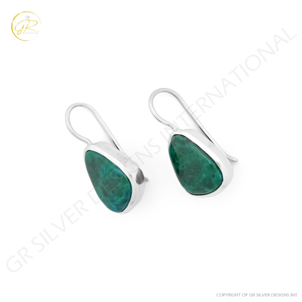 Natural Chrysocolla Gemstone Dangle Sterling Silver Women Earrings