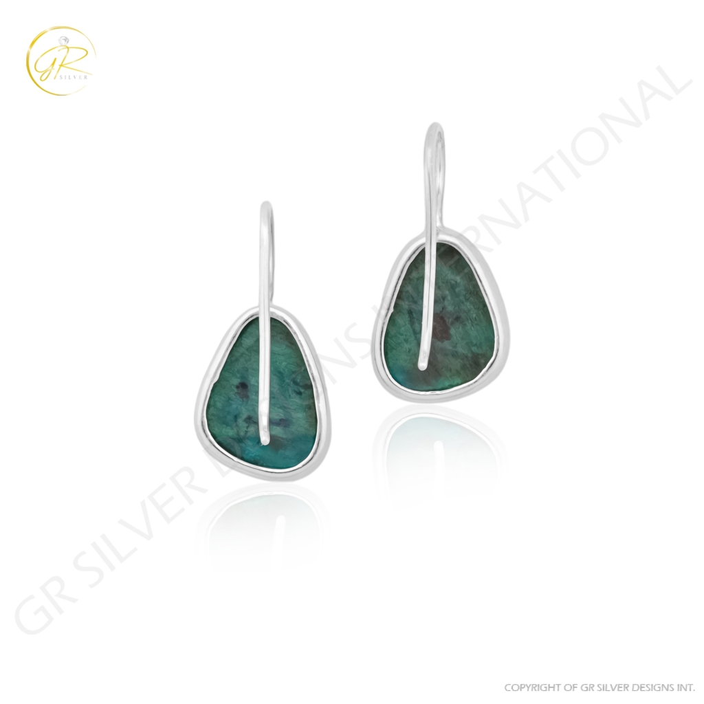 Natural Chrysocolla Gemstone Dangle Sterling Silver Women Earrings