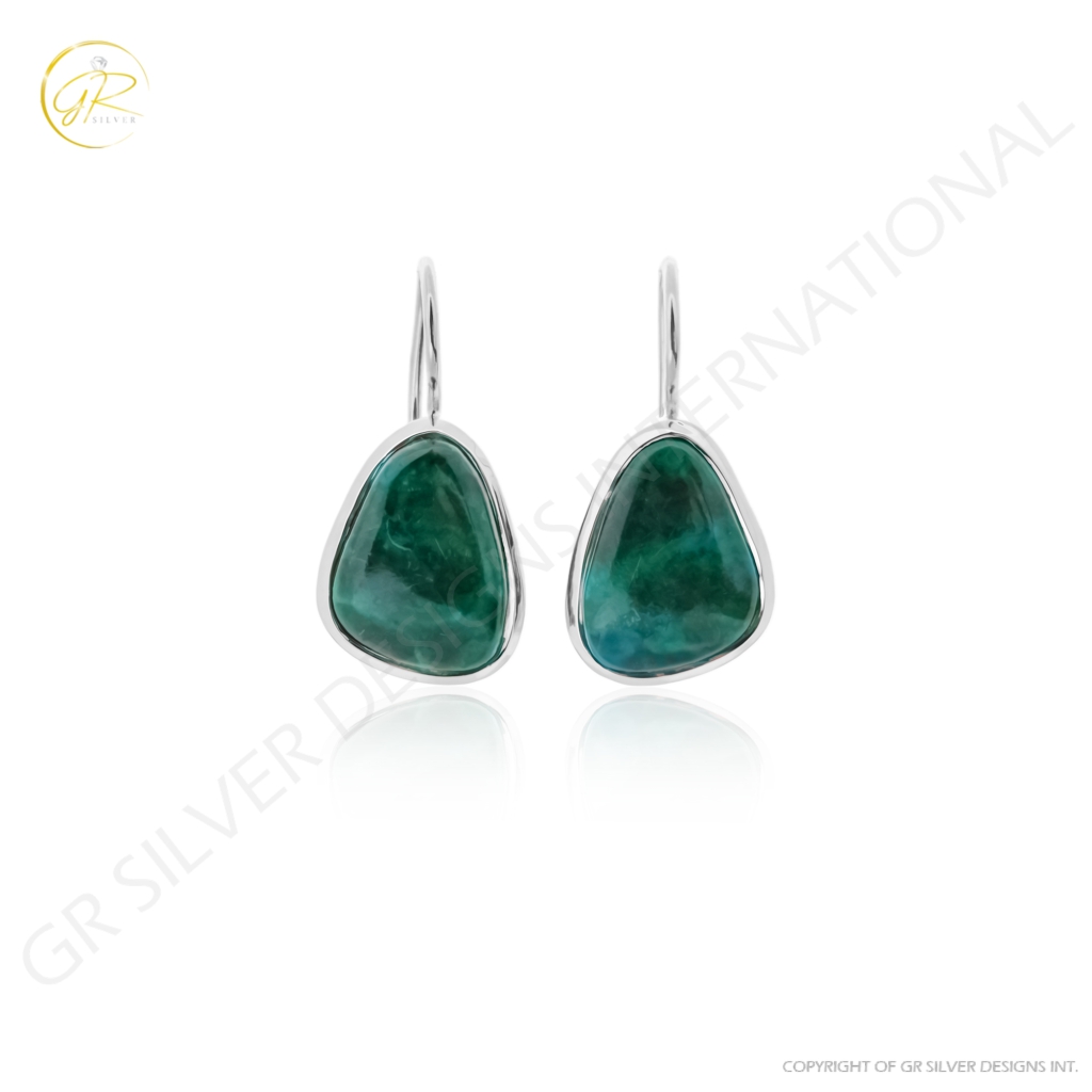 Natural Chrysocolla Gemstone Dangle Sterling Silver Women Earrings