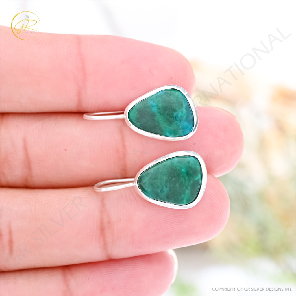 Natural Chrysocolla Gemstone Dangle Sterling Silver Women Earrings