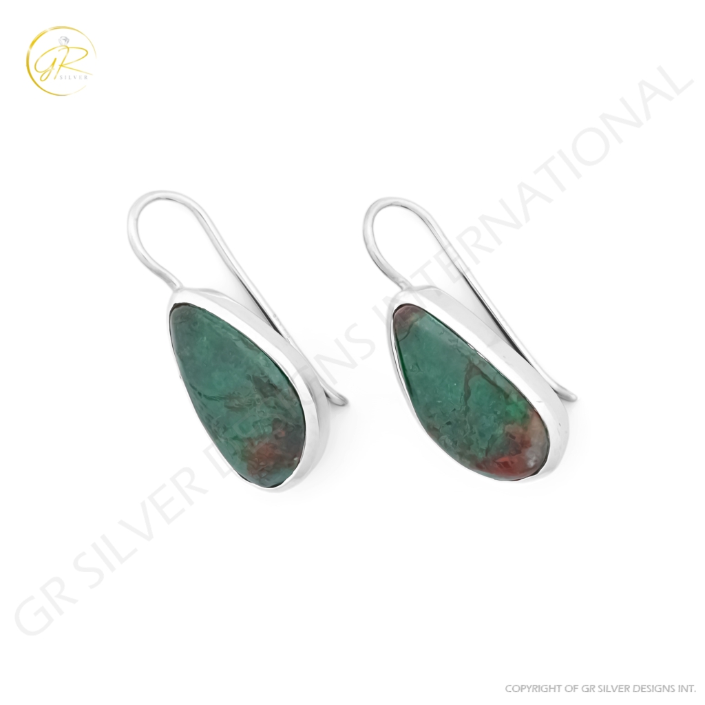 Natural Chrysocolla Gemstone Dangle Sterling Silver Women Earrings