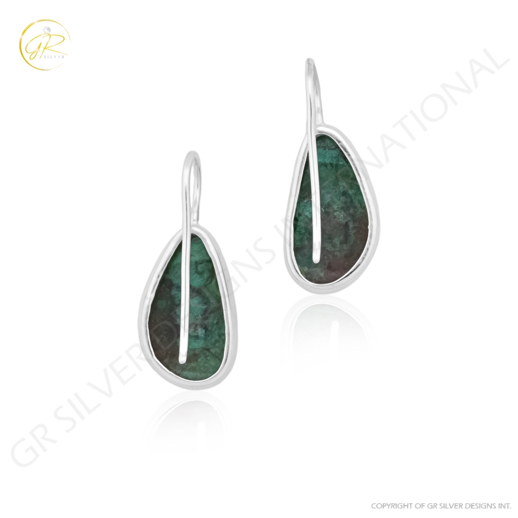 Natural Chrysocolla Gemstone Dangle Sterling Silver Women Earrings