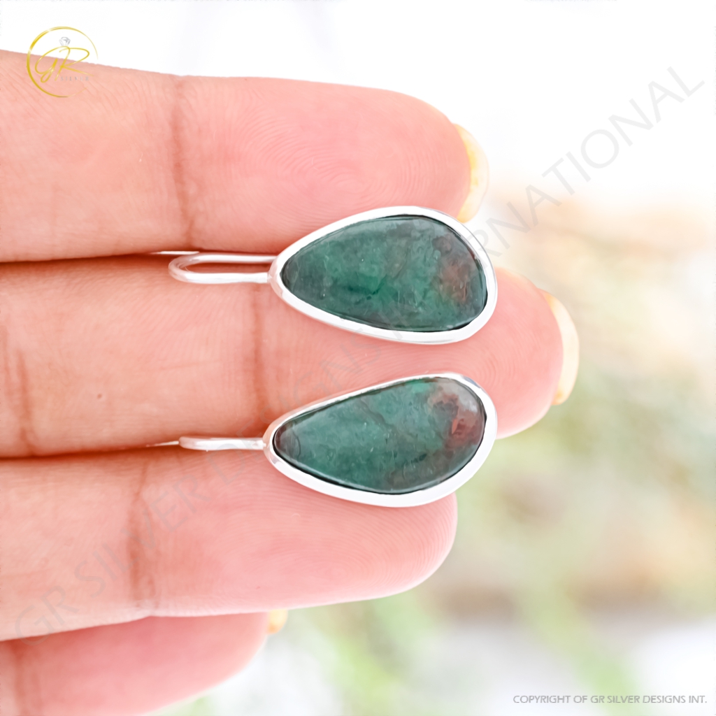 Natural Chrysocolla Gemstone Dangle Sterling Silver Women Earrings