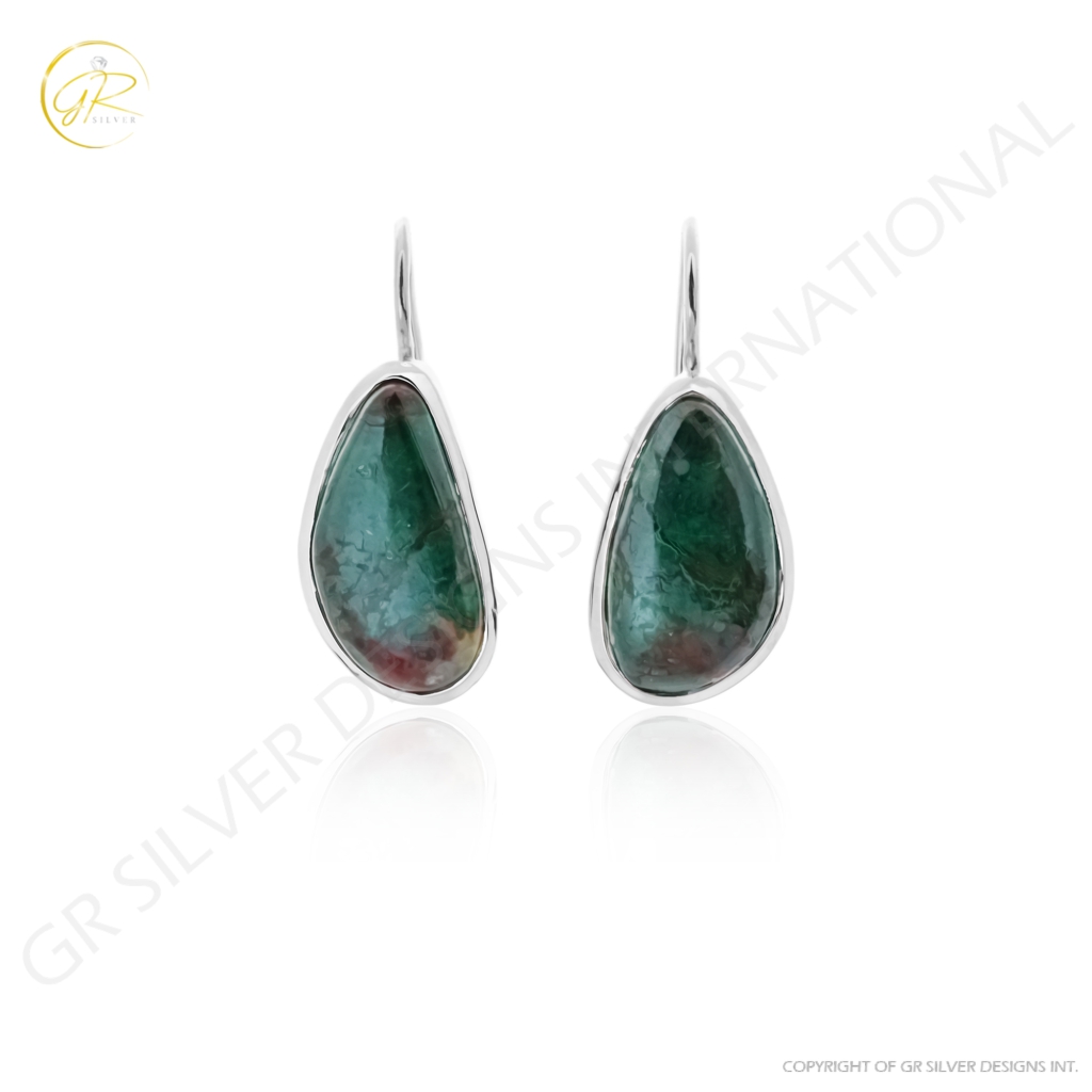 Natural Chrysocolla Gemstone Dangle Sterling Silver Women Earrings