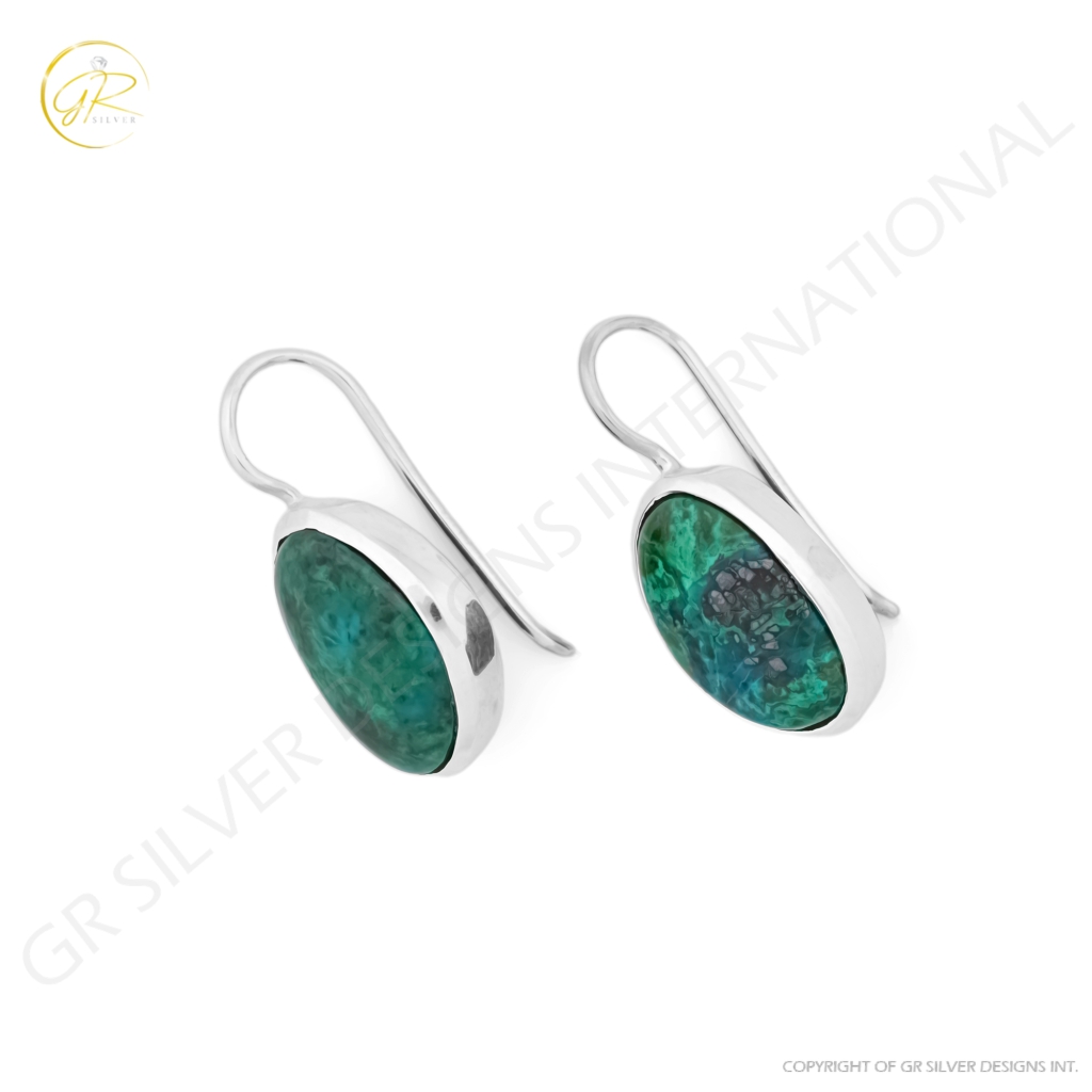 Natural Chrysocolla Gemstone Dangle Sterling Silver Women Earrings