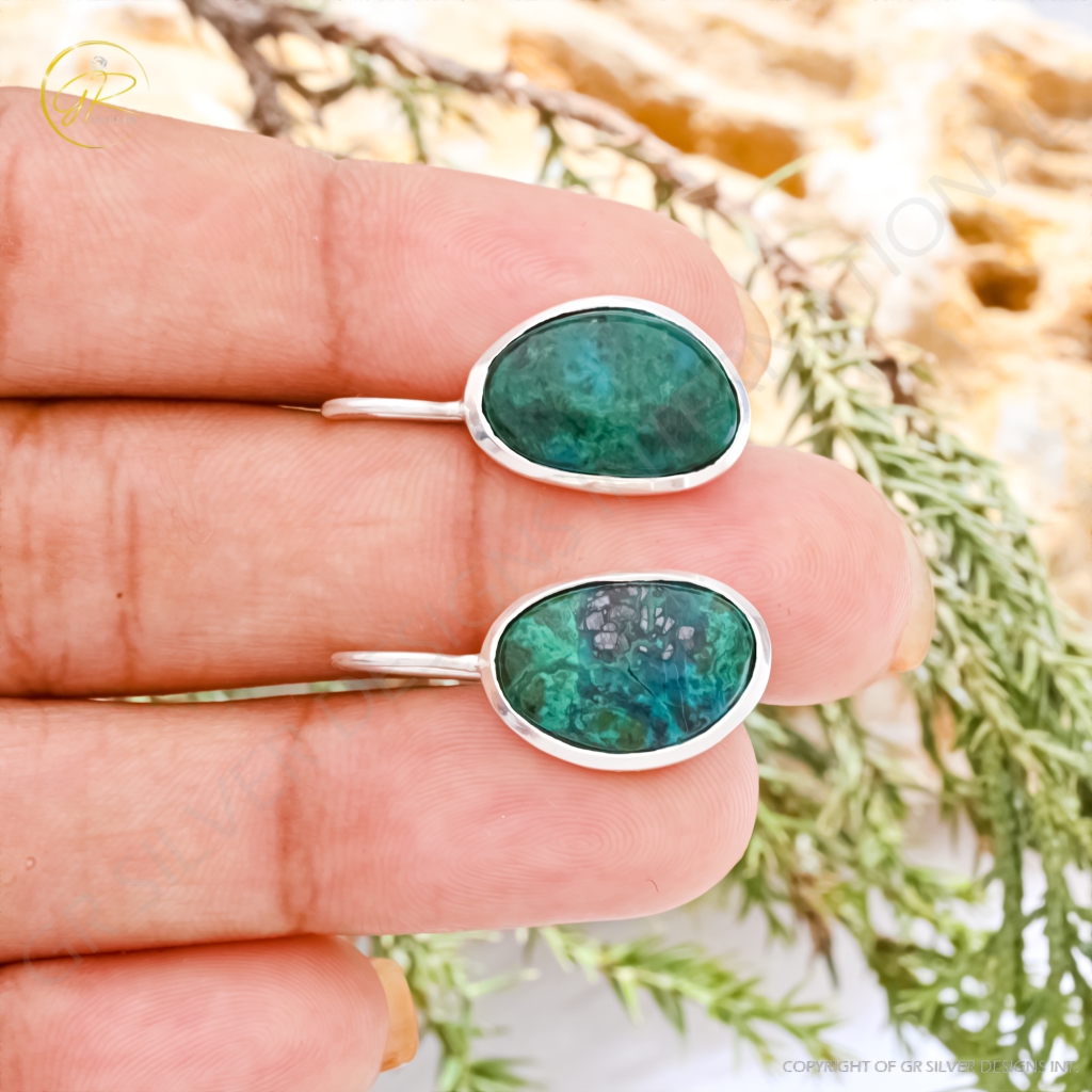 Natural Chrysocolla Gemstone Dangle Sterling Silver Women Earrings