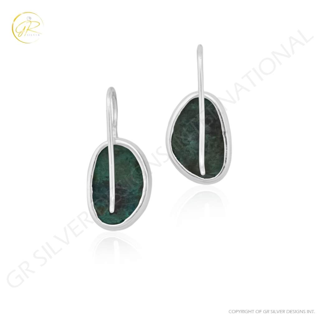 Natural Chrysocolla Gemstone Dangle Sterling Silver Women Earrings