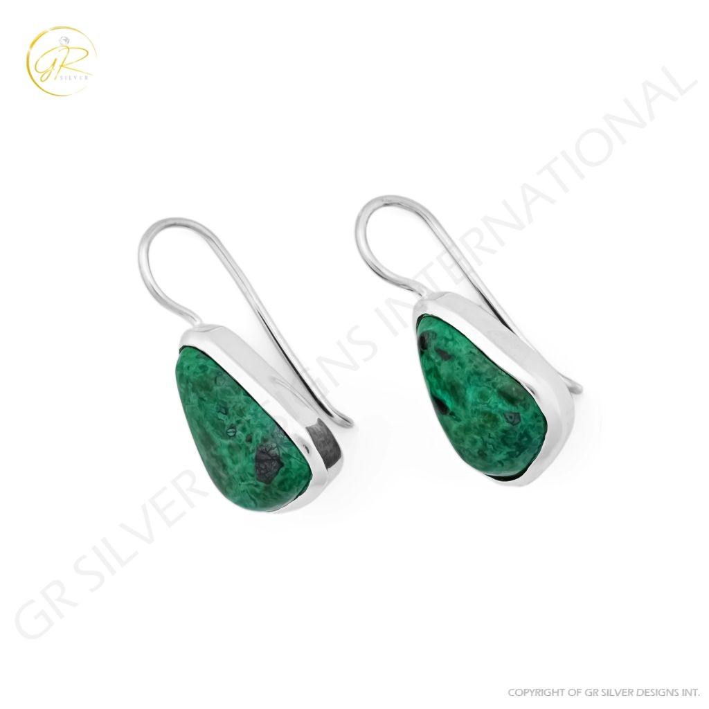 Natural Chrysocolla Gemstone Dangle Sterling Silver Women Earrings