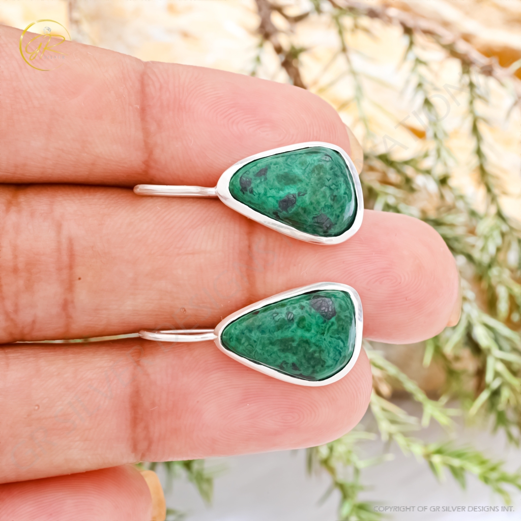 Natural Chrysocolla Gemstone Dangle Sterling Silver Women Earrings