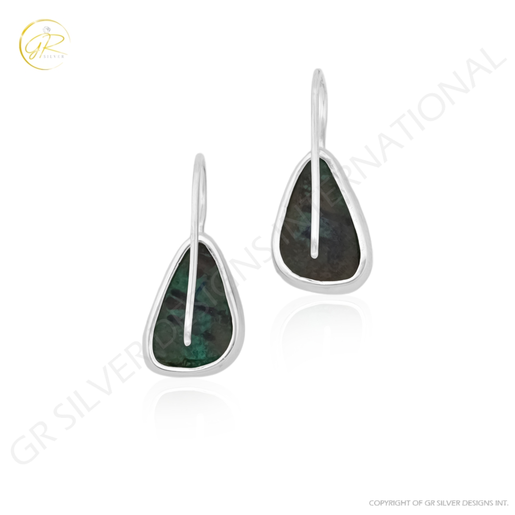 Natural Chrysocolla Gemstone Dangle Sterling Silver Women Earrings