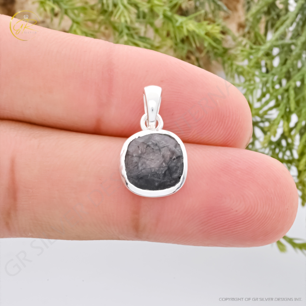 Natural Black Rutile Quartz April Birthstone Cushion Sterling Silver Pendant