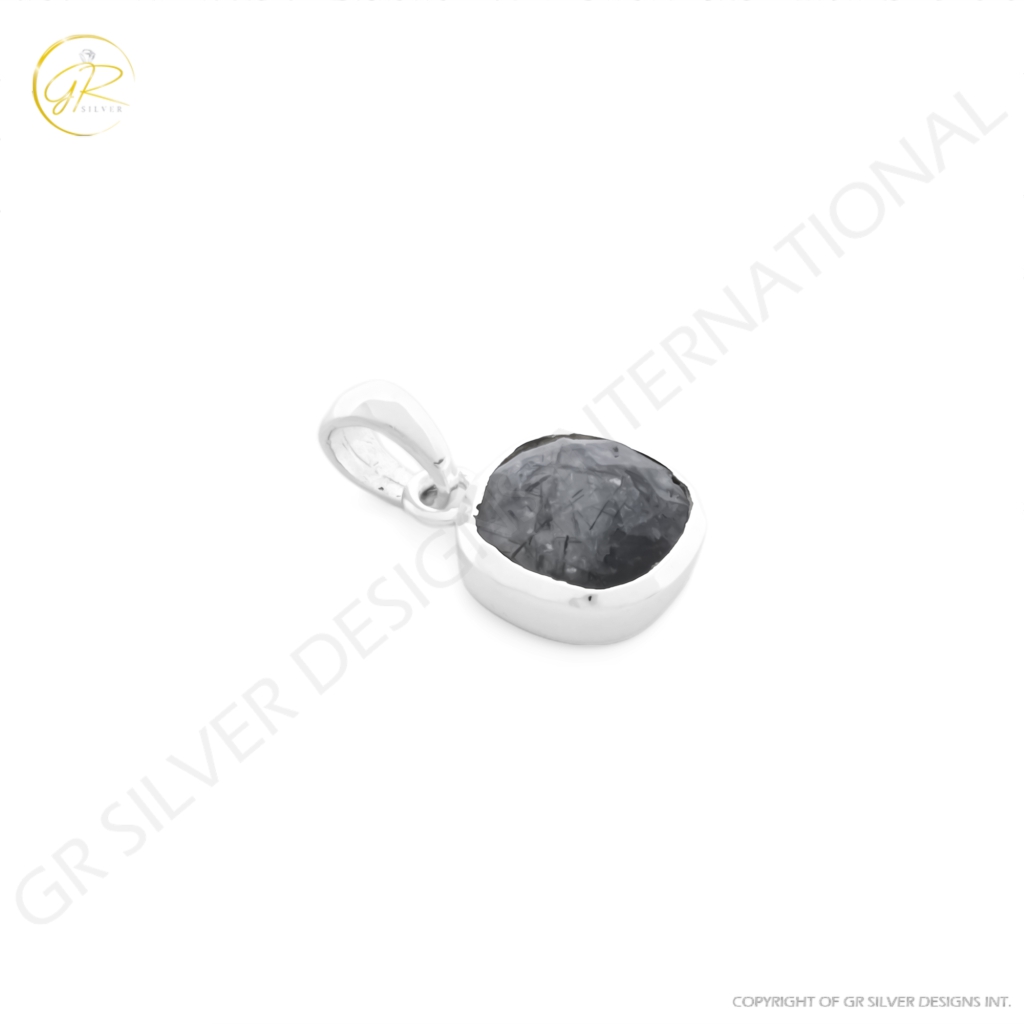 Natural Black Rutile Quartz April Birthstone Cushion Sterling Silver Pendant