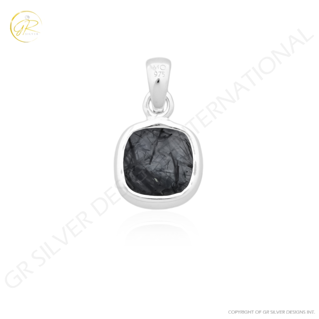 Natural Black Rutile Quartz April Birthstone Cushion Sterling Silver Pendant