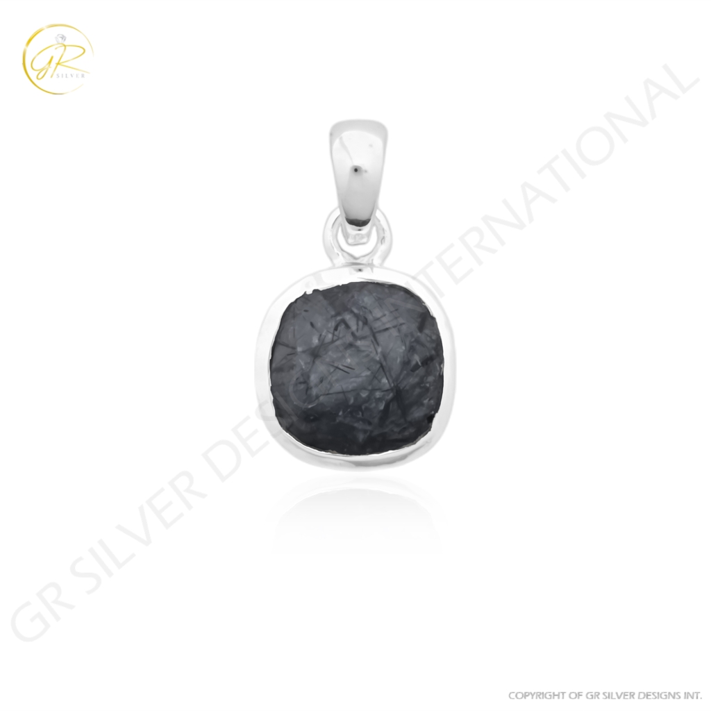 Natural Black Rutile Quartz April Birthstone Cushion Sterling Silver Pendant