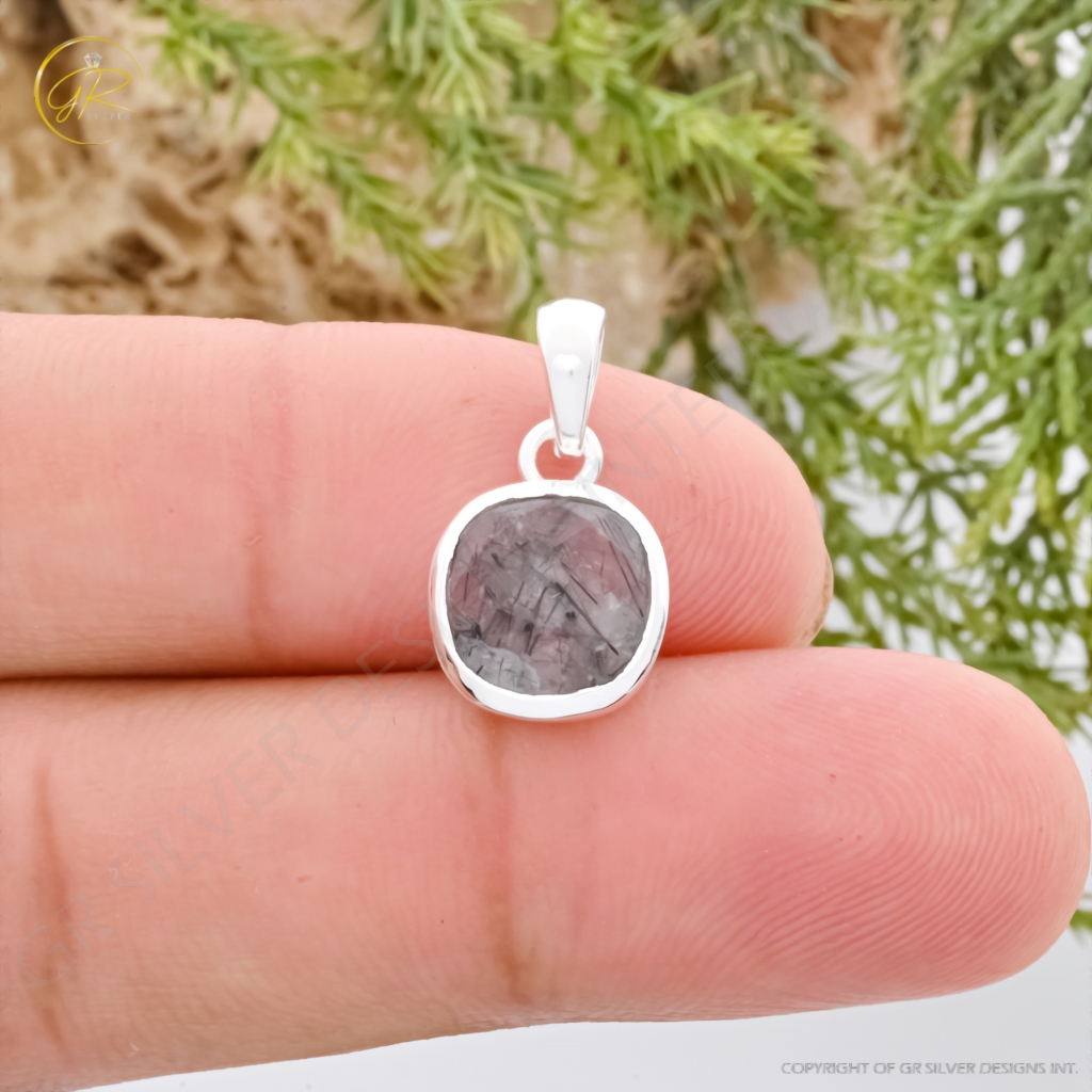 Natural Black Rutile Quartz April Birthstone Cushion Sterling Silver Pendant