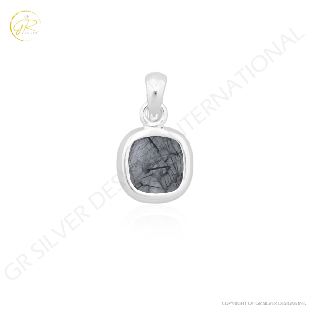 Natural Black Rutile Quartz April Birthstone Cushion Sterling Silver Pendant