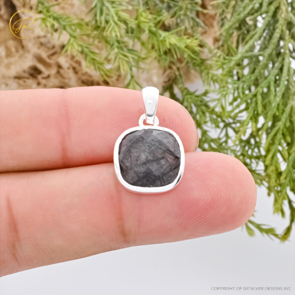 Natural Black Rutile Quartz April Birthstone Cushion Sterling Silver Pendant