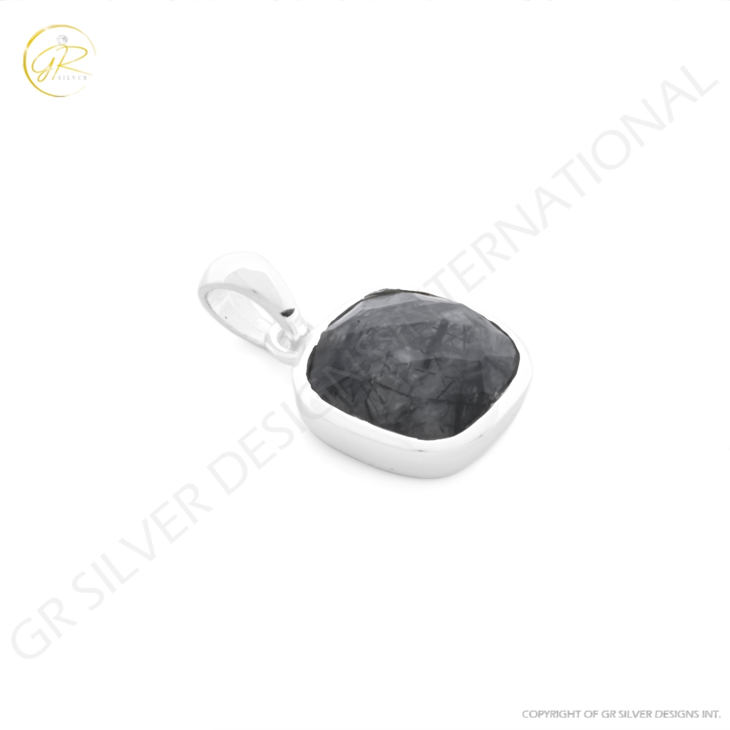 Natural Black Rutile Quartz April Birthstone Cushion Sterling Silver Pendant