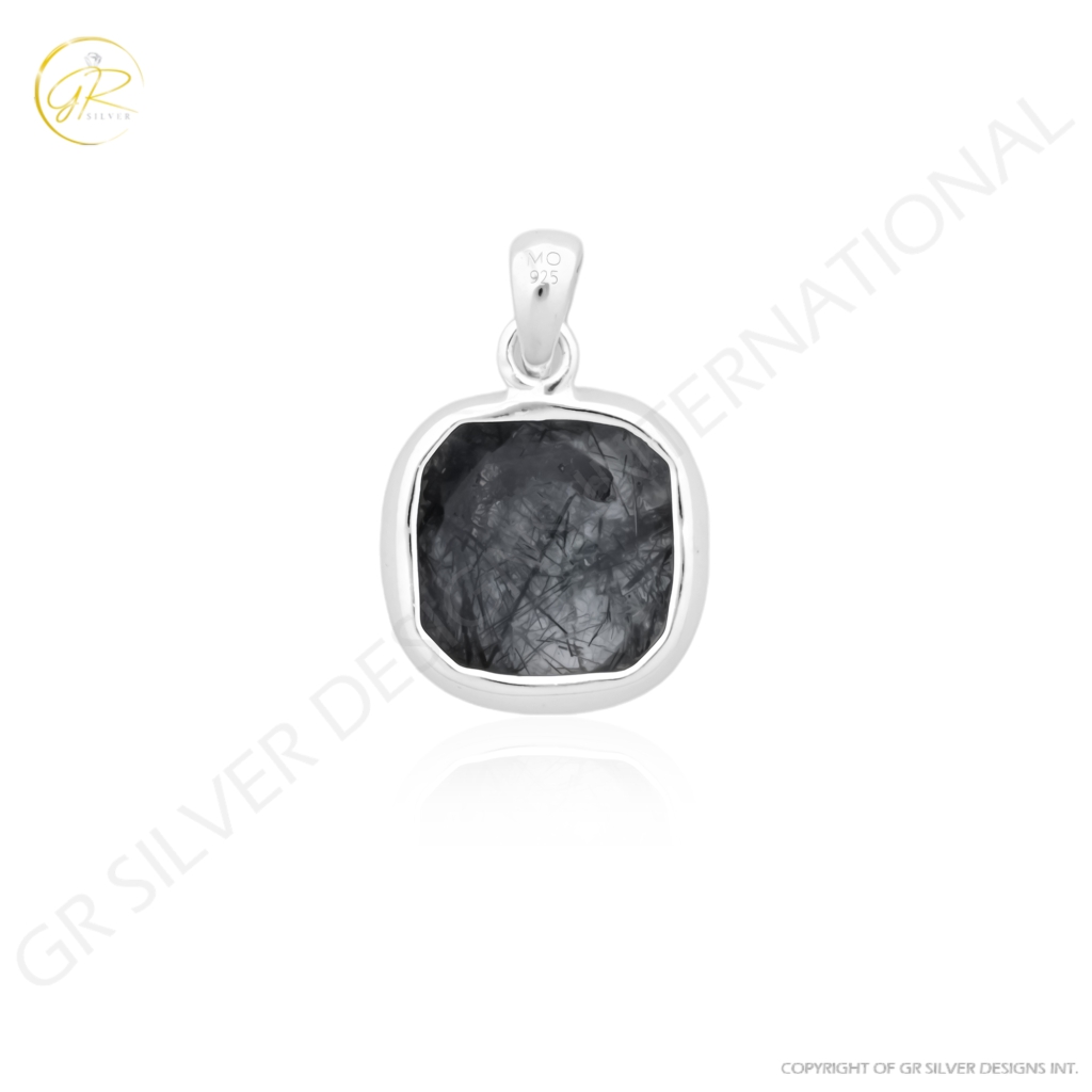 Natural Black Rutile Quartz April Birthstone Cushion Sterling Silver Pendant