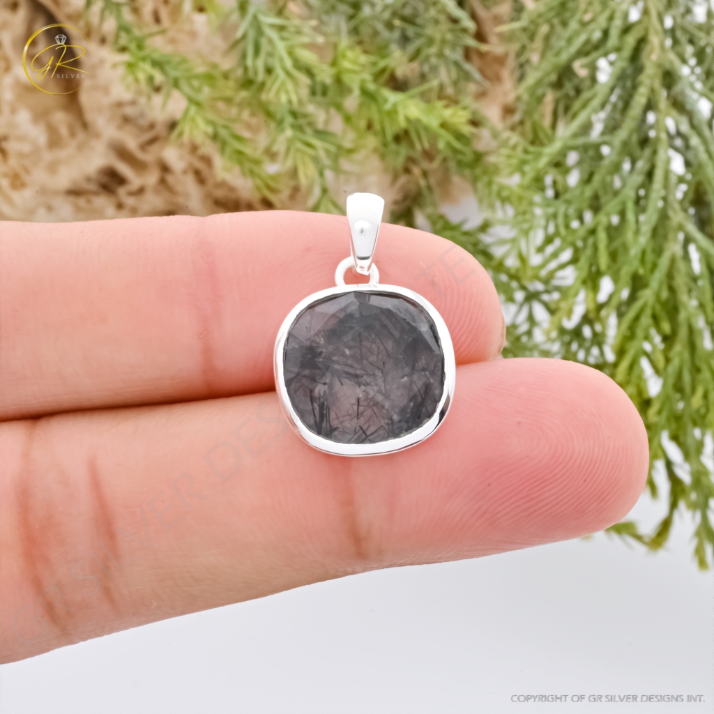 Natural Black Rutile Quartz April Birthstone Cushion Sterling Silver Pendant