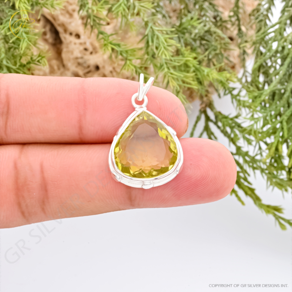 Natural Lemon Quartz February Birthstone Sterling Silver Pendant