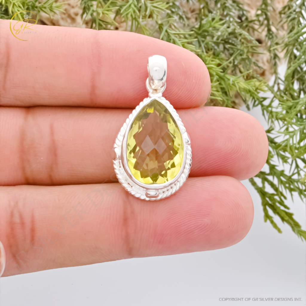 Natural Lemon Quartz February Birthstone Sterling Silver Pendant