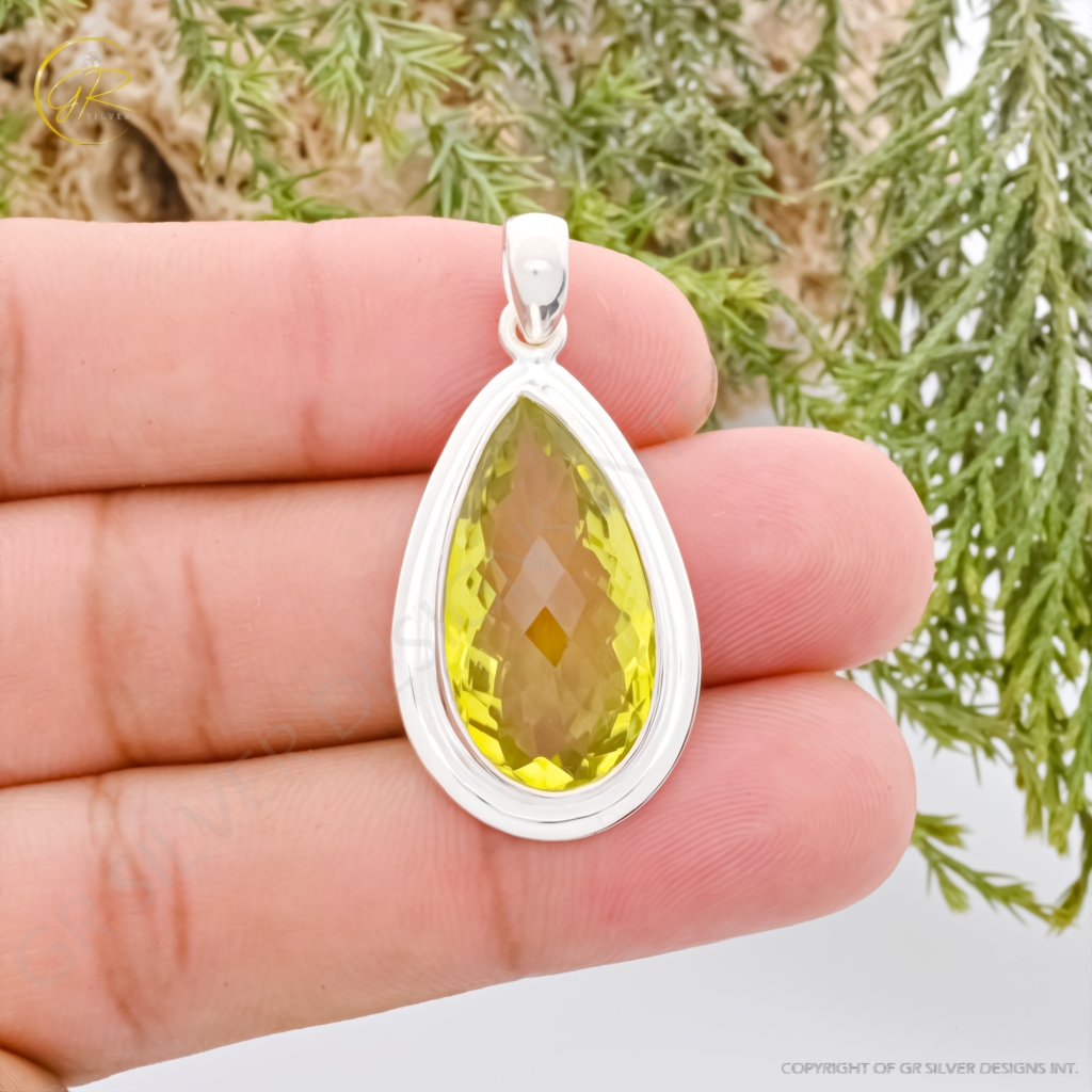 Natural Lemon Quartz February Birthstone Sterling Silver Pendant