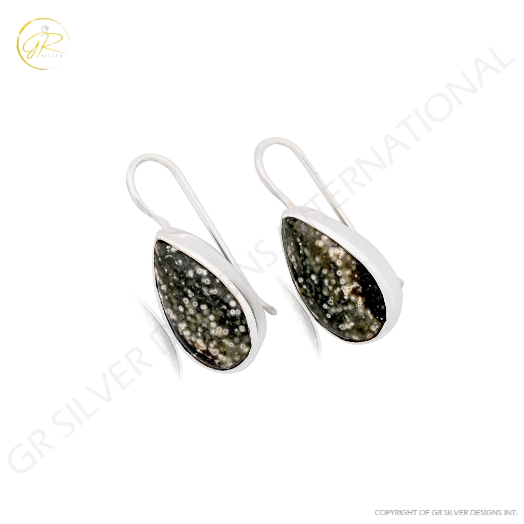 Natural Ocean Jasper Pear Shape Dangle Sterling Silver Women Earring