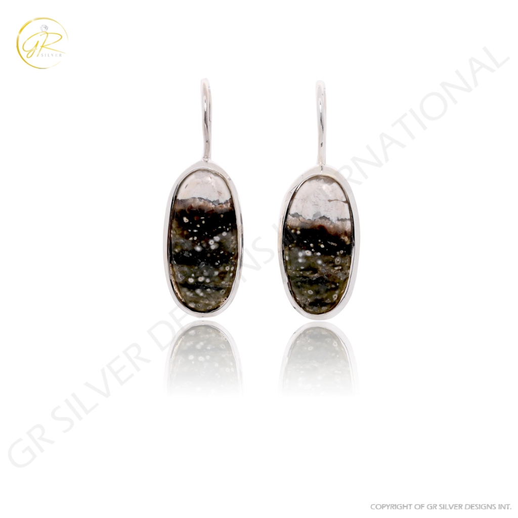 Natural Ocean Jasper Oval Shape Dangle Sterling Silver Women Earring