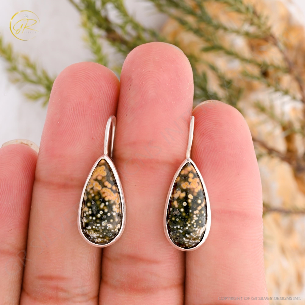 Natural Ocean Jasper Pear Shape Dangle Sterling Silver Women Earring