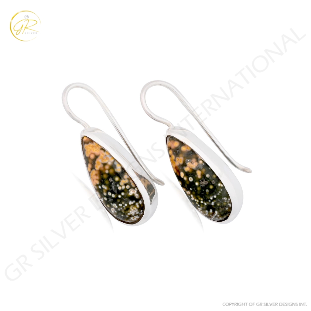 Natural Ocean Jasper Pear Shape Dangle Sterling Silver Women Earring