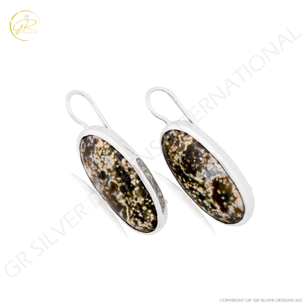 Natural Ocean Jasper Oval Shape Dangle Sterling Silver Women Earring