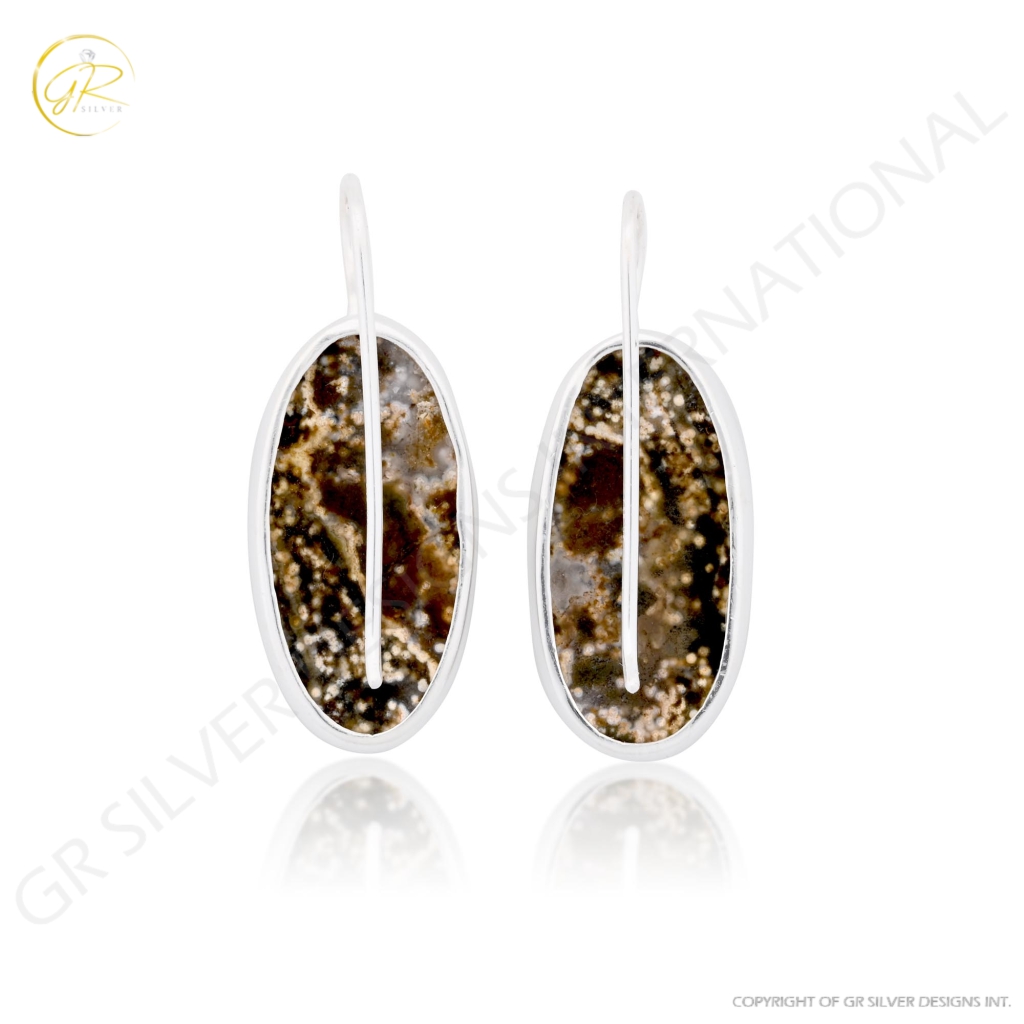 Natural Ocean Jasper Oval Shape Dangle Sterling Silver Women Earring