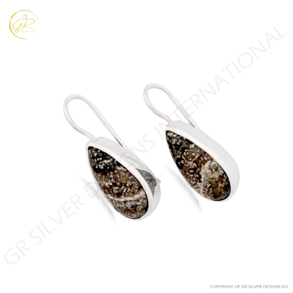 Natural Ocean Jasper Pear Shape Dangle Sterling Silver Women Earring